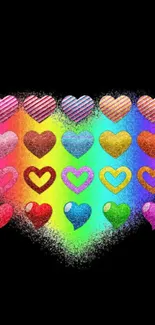 Vibrant heart patterned wallpaper with colorful gradient and glitter effect.