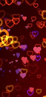 Colorful heart pattern wallpaper with vibrant dark red background.