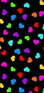 Vibrant wallpaper with colorful hearts on black background.