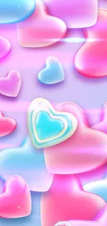 Vibrant pastel hearts wallpaper with pink, blue, and purple hues.