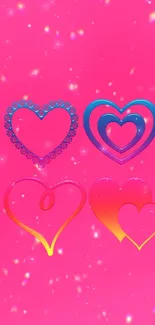 Vibrant pink wallpaper with colorful heart designs.