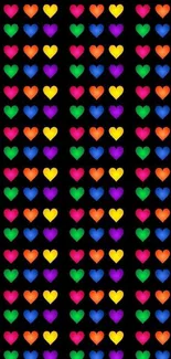 Vibrant, colorful heart pattern on black background mobile wallpaper.