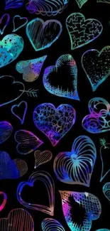 Colorful abstract hearts on black wallpaper.