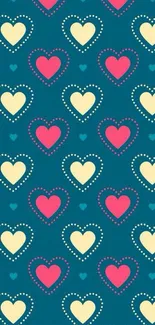 Colorful heart pattern wallpaper with teal, pink, and yellow hues.