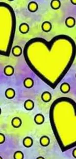 Vibrant yellow hearts on a colorful background wallpaper.