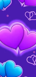 Colorful heart pattern wallpaper with purple and blue hues.