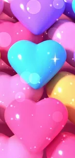 Vibrant 3D hearts in pink, blue, and yellow on a colorful wallpaper.