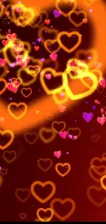 Vibrant glowing heart pattern wallpaper in orange hues.