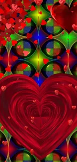 Colorful heart pattern wallpaper with red and green design.