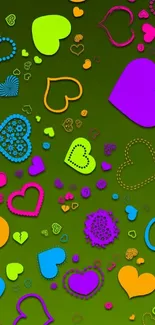 Colorful heart pattern wallpaper with a vibrant green background.