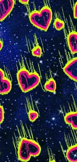 Neon green and pink heart pattern on starry blue background wallpaper.