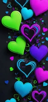 Colorful vibrant hearts on black background wallpaper.