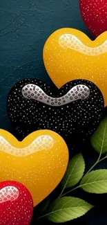 Colorful heart pattern with leaves on wallpaper.
