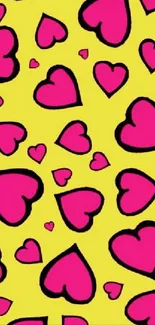 Vibrant pink hearts on yellow background wallpaper.