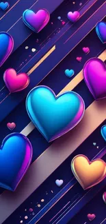 Vibrant heart pattern with blue and purple hearts on a dynamic background.