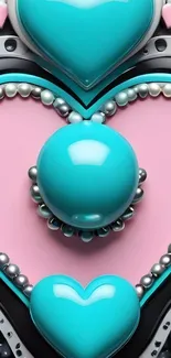 Teal and pink heart pattern wallpaper with a modern design.