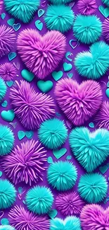 Purple and blue fuzzy heart pattern wallpaper.