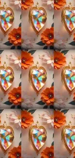 Vibrant heart pattern wallpaper with floral accents.