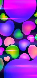 Vibrant wallpaper with neon hearts in pink, purple, and green hues.