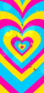 Vibrant heart pattern wallpaper in pink, blue, and yellow colors.