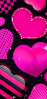 Vibrant hot pink hearts pattern on dark brick background.