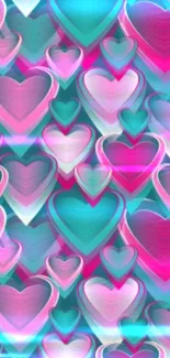 Vibrant hearts pattern in pink and teal on mobile wallpaper.