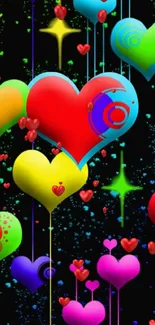 Vibrant neon heart pattern wallpaper with colorful accents.