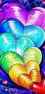 Vibrant hearts with colorful layers on a blue background mobile wallpaper.