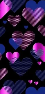 Vibrant hearts pattern with pink and purple on black background.