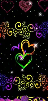 Vibrant heart and swirl pattern wallpaper with colorful stars.