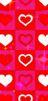 Colorful heart pattern wallpaper in red and pink with a stylish, vibrant design.