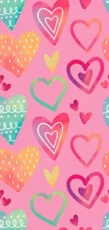 Colorful hearts pattern on a pink background wallpaper.