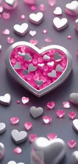 Vibrant heart pattern wallpaper in pink and silver tones for a romantic look.