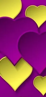 Vibrant purple and yellow heart pattern wallpaper.