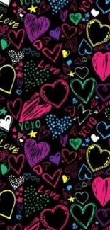 Colorful hearts and doodles wallpaper with love theme on black background.