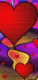 Vibrant wallpaper with red hearts on colorful background.