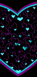 Vibrant heart pattern with purple and turquoise colors on black background.