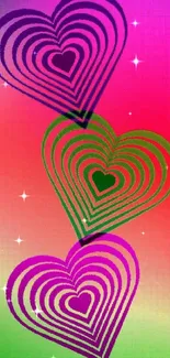 Vibrant wallpaper with three colorful hearts on a gradient background.