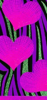 Vibrant heart pattern wallpaper with pink, purple, and green colors.