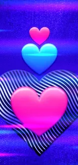 Vibrant blue and pink heart pattern wallpaper.