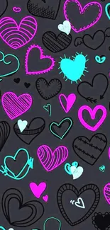 Wallpaper with neon pink and aqua hearts on dark background.