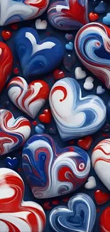 Colorful swirling hearts wallpaper with red, white, and blue patterns.