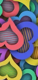 Vibrant heart-patterned wallpaper with colorful shapes.