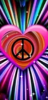 Vibrant heart with a peace symbol surrounded by colorful rays.