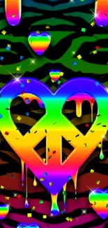 Vibrant rainbow heart peace sign wallpaper with zebra pattern and dripping effects.