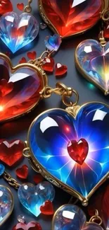 Colorful heart-shaped pendants with blue and red hues.