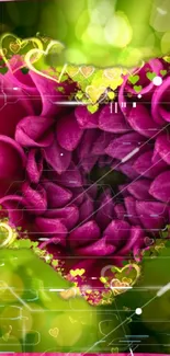 Heart-shaped pink petals with green background, vibrant wallpaper.