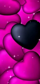 Vibrant pink and black heart phone wallpaper.