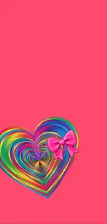 Vibrant pink wallpaper with rainbow heart and bow design.