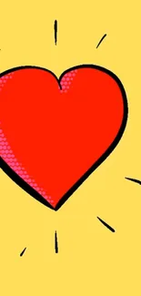 Bright red heart pop art design on yellow background.